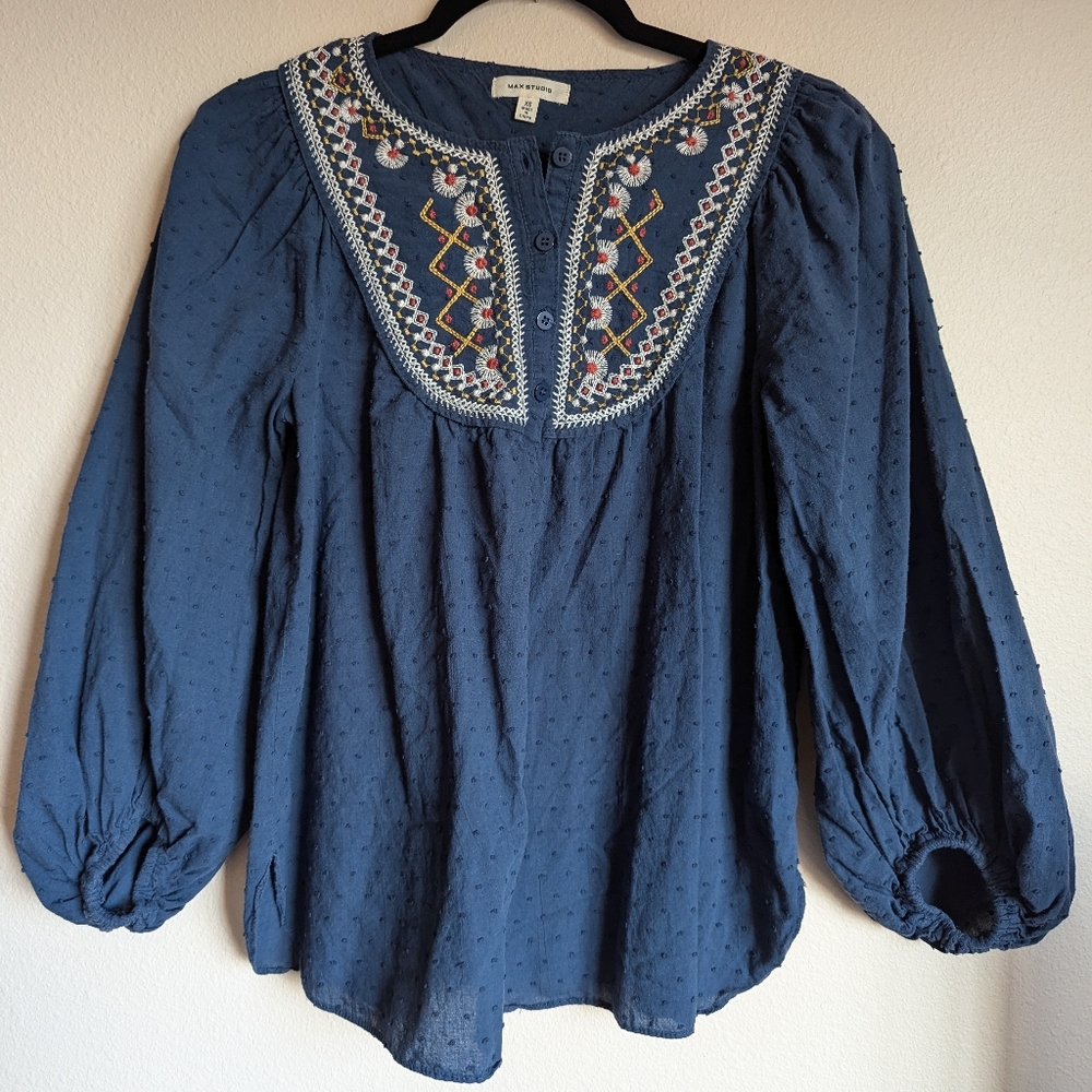 NWOT Max Studio Blue Boho Blouse Size XS